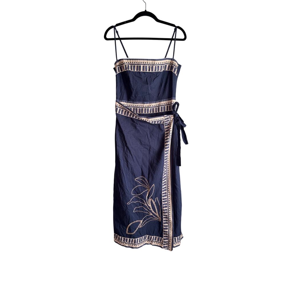 Zingara navy blue dress wrap skirt large linen cotton blend spaghetti strap midi